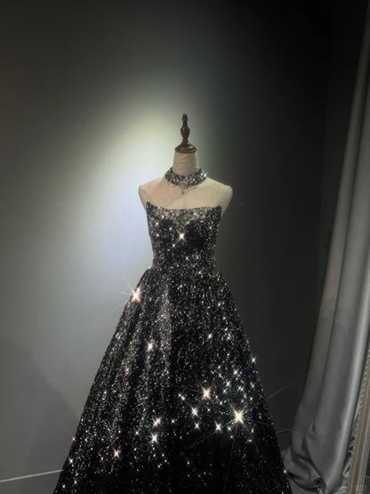 preppydressess -Black silver gradient shimmering long sequined tulle ball gown evening dress gh5109