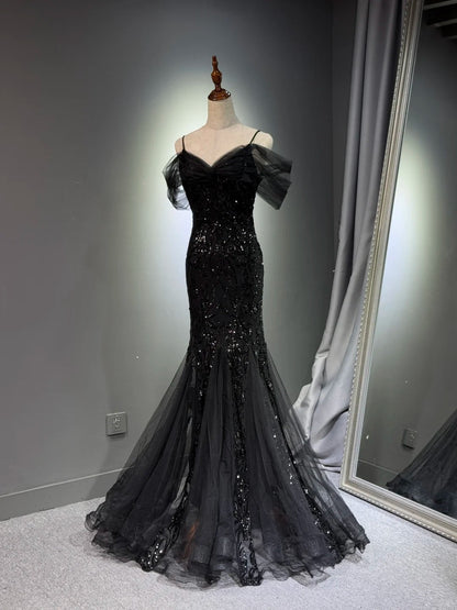 preppydressess -Black shiny mermaid long sequined ball gown evening dress graduation dress gh5112