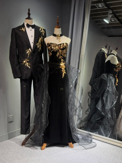 preppydressess -Black shiny elegant long gold sequined tulle trailing ball gown evening gown graduation gown gh5108