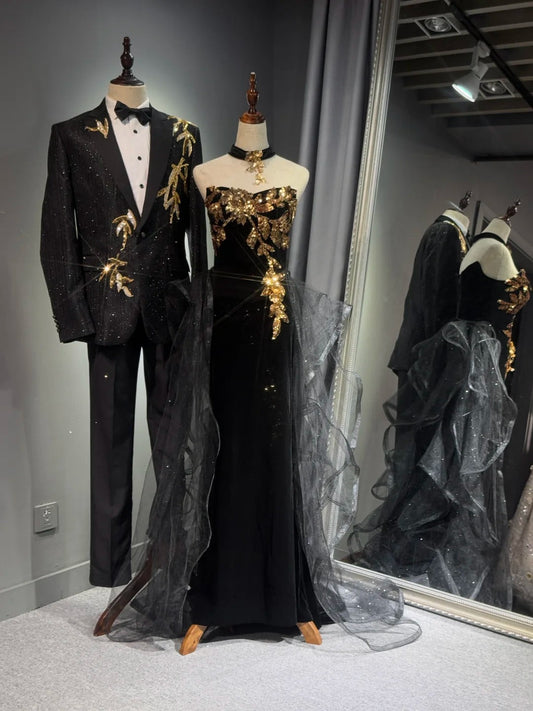 preppydressess -Black shiny elegant long gold sequined tulle trailing ball gown evening gown graduation gown gh5108