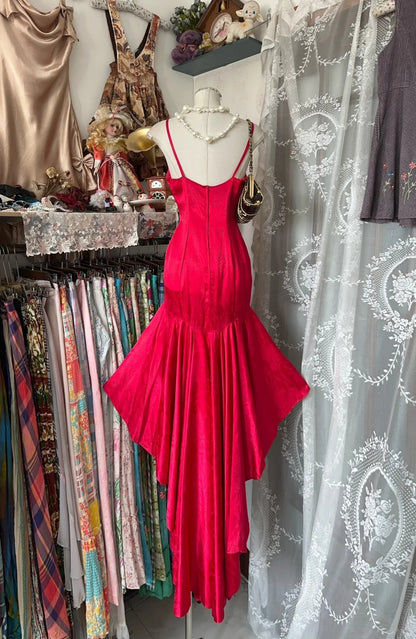 Red Mermaid Beautiful Long Satin Spaghetti Strap Ball Gown Evening Dress Party Dress gh4394