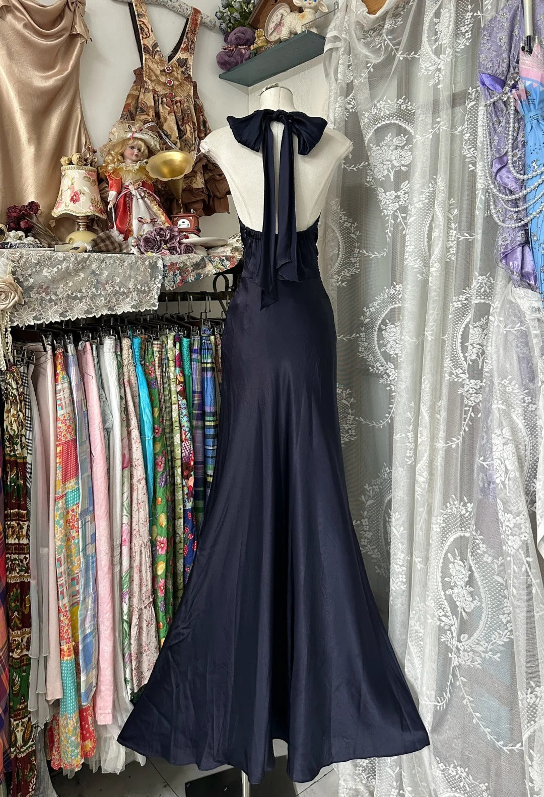 Navy Blue Retro Fashion Simple Long Satin Prom Dress Evening Dress Party Dress Date Dress gh4880