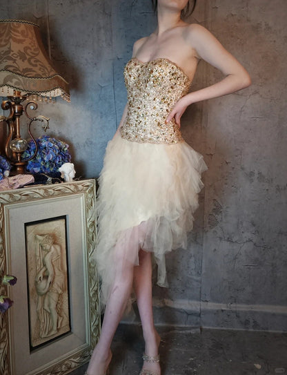 Ivory white gorgeous beautiful vintage long tulle yellow crystal beaded princess style fluffy ball gown evening dress party dress gh4796