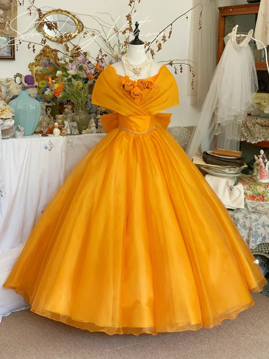 Orange Yellow Floral Long tulle Ball Gown Evening Dress Quinceanera Dresses gh4575