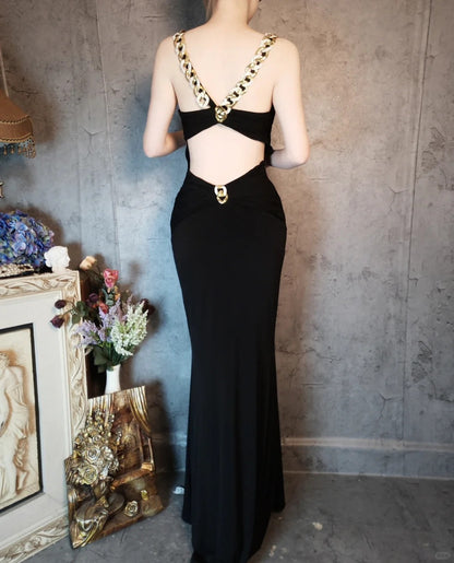 Vintage black gold chain backless mermaid ball gown sexy elegant evening dress party dress gh4802