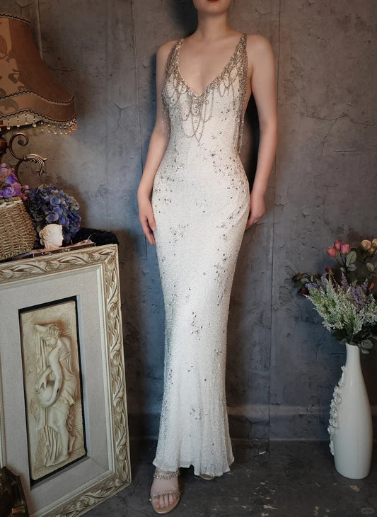 Ivory white galaxy-like shining beautiful chain vintage starry sky beading hot diamond long chiffon ball gown evening dress party dress romantic wedding dress gh4794