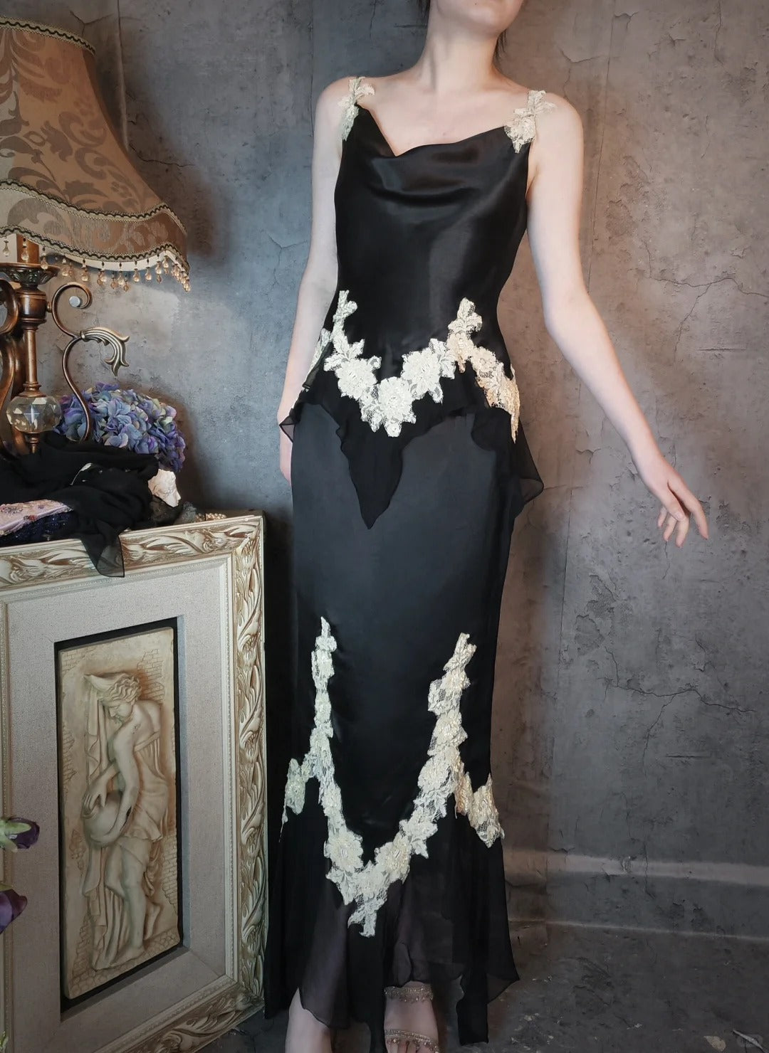 Beautiful black and white vintage satin shawl elegant romantic ball gown evening dress party dress gh4804