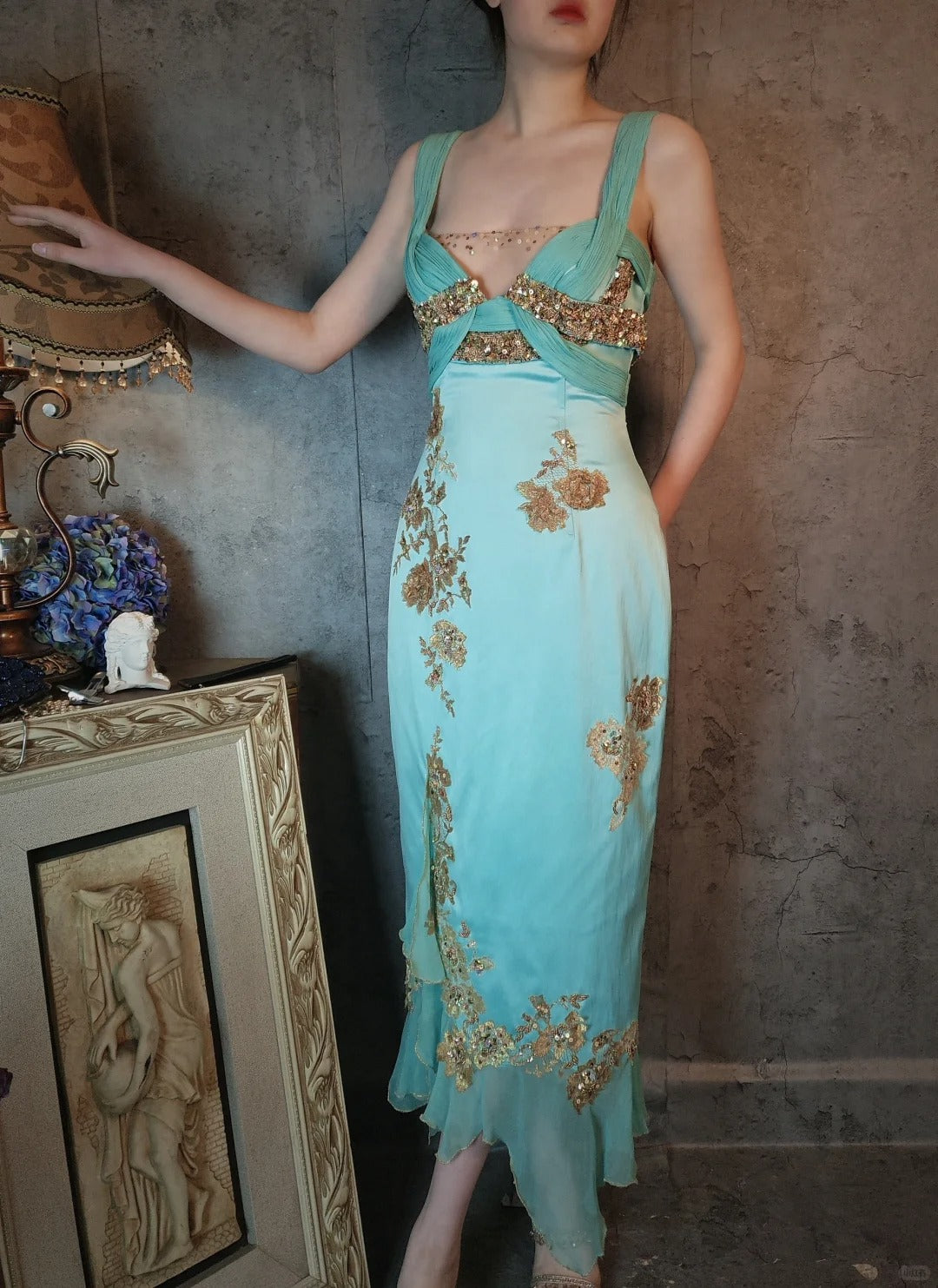 Mint blue vintage beaded lace embroidery beautiful macarons gold embroidered flowers romantic ball gown evening dress party dress gh4803