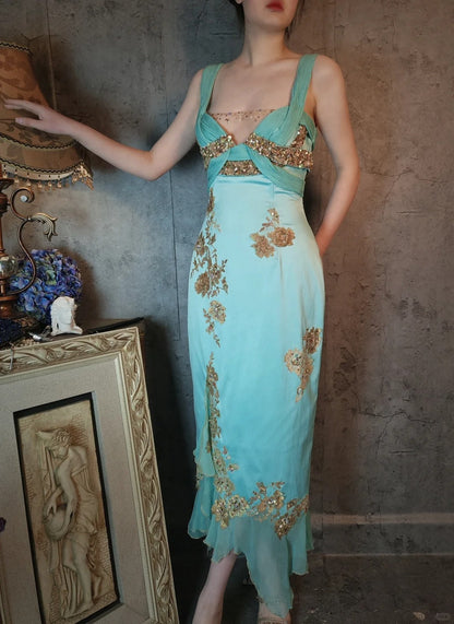 Mint blue vintage beaded lace embroidery beautiful macarons gold embroidered flowers romantic ball gown evening dress party dress gh4803