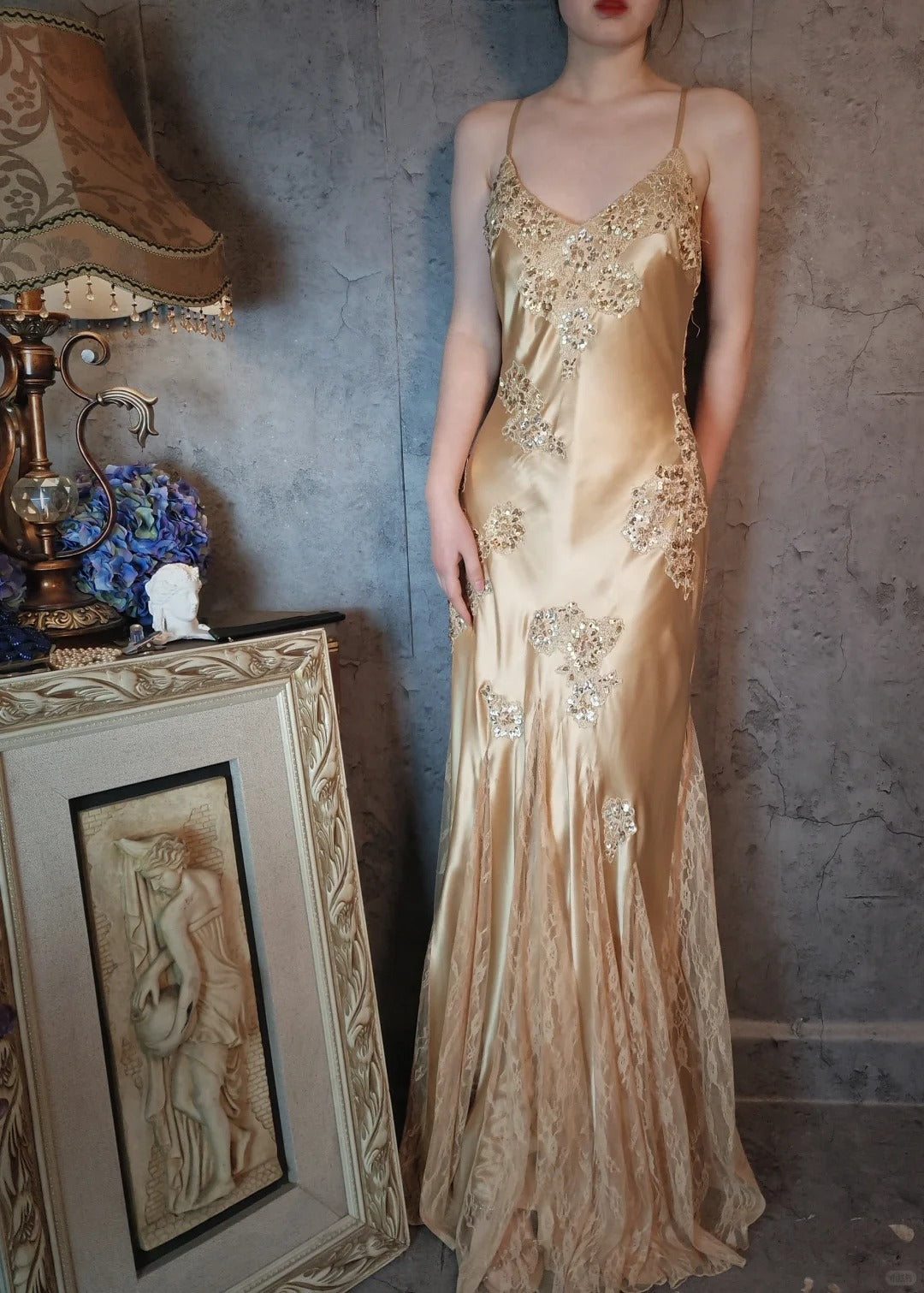 Champagne gold satin beautiful vintage beaded lace ball gown evening dress party dress gh4793
