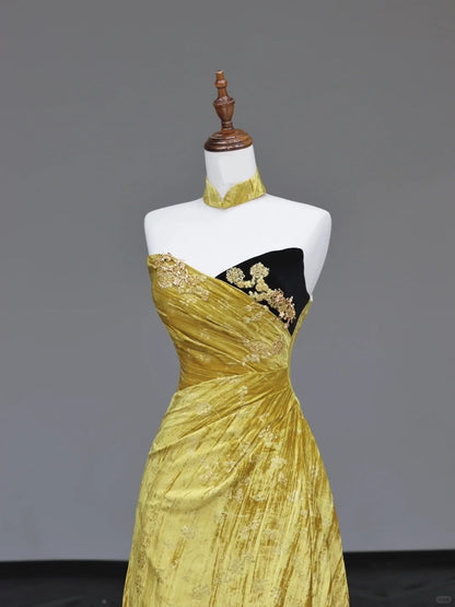 preppydressess -Yellow floral long velvet prom dress evening dress party dress gh5117