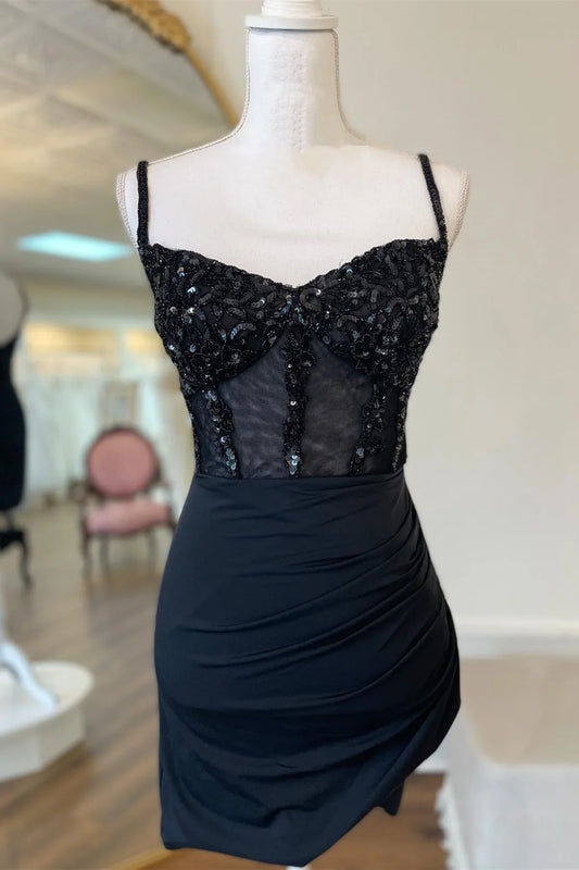 PM532,Sexy Black Mini Homecoming Dress With Sequined