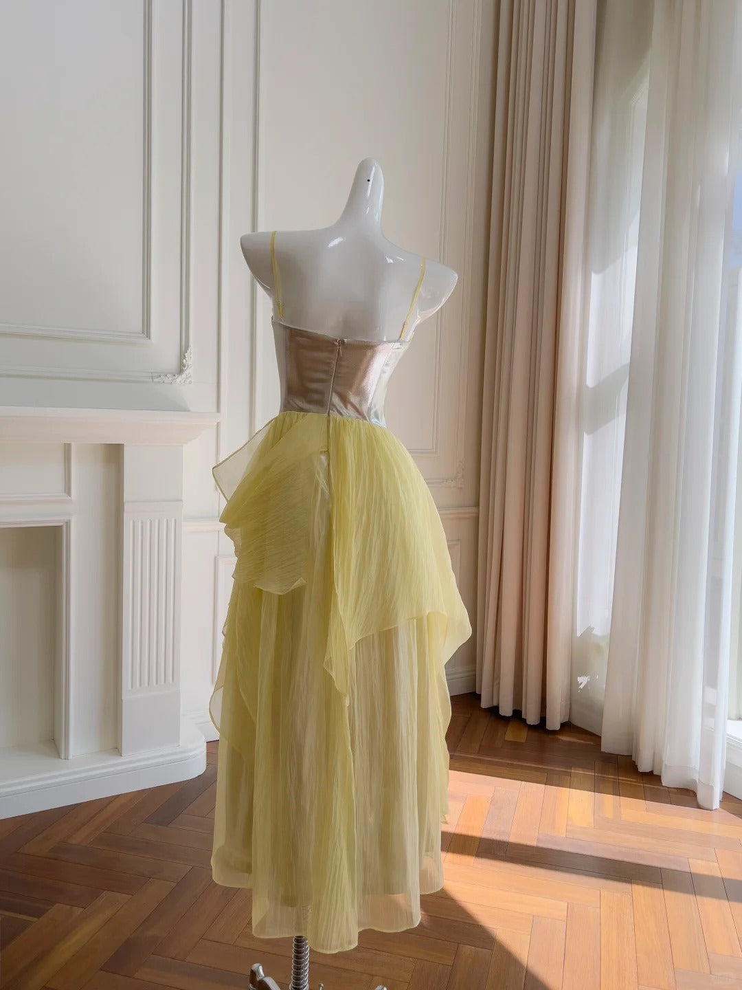 Yellow Silver FuturisticFlowing Long Chiffon Ball Gown Party Dress gh4404