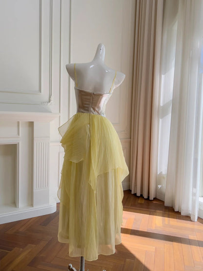 Yellow Silver FuturisticFlowing Long Chiffon Ball Gown Party Dress gh4404
