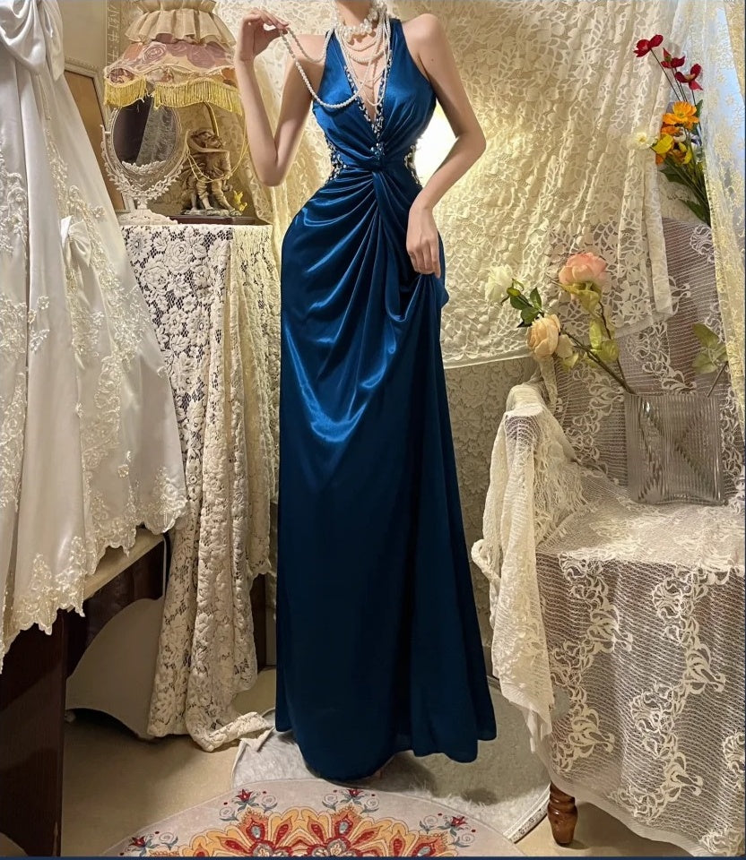 Blue Retro Elegant Fashion Long Satin Prom Dress Evening Gown Graduation Dress gh4257