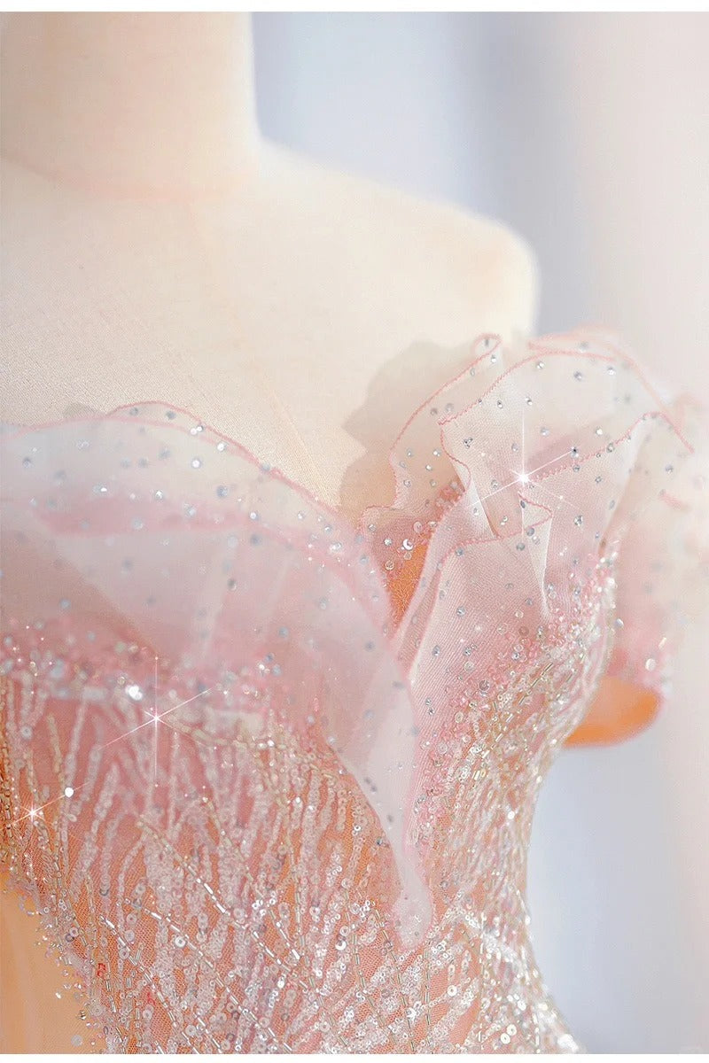 Pink gorgeous shiny dreamy elegant fashion exquisite beaded long floor-length trailing tulle ball gown evening dress gh4000