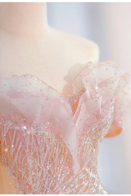 Pink gorgeous shiny dreamy elegant fashion exquisite beaded long floor-length trailing tulle ball gown evening dress gh4000