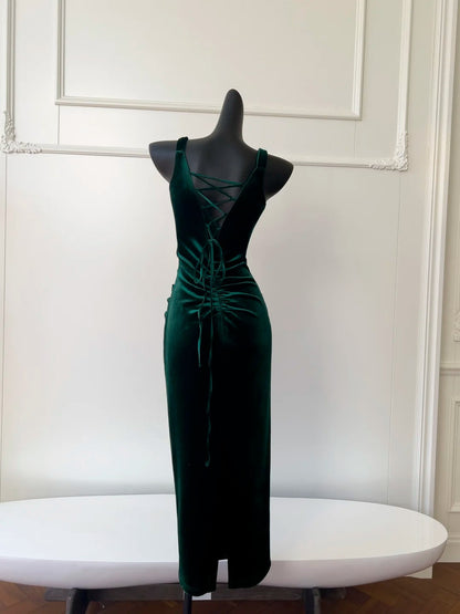 Green Vintage Elegant Long Velvet Slim Evening Dress Party Dress Prom Dress gh4273