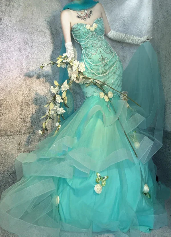 Blue gorgeous exquisite beaded long satin ball gown evening dress party dress gh4502