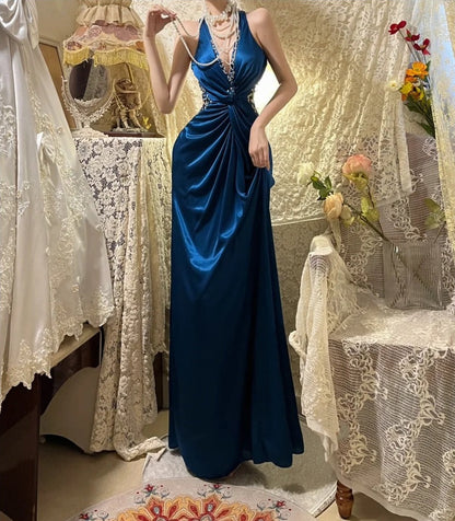 Blue Beaded Elegant Long Satin Ball Gown Evening Gown Party Dress gh4460