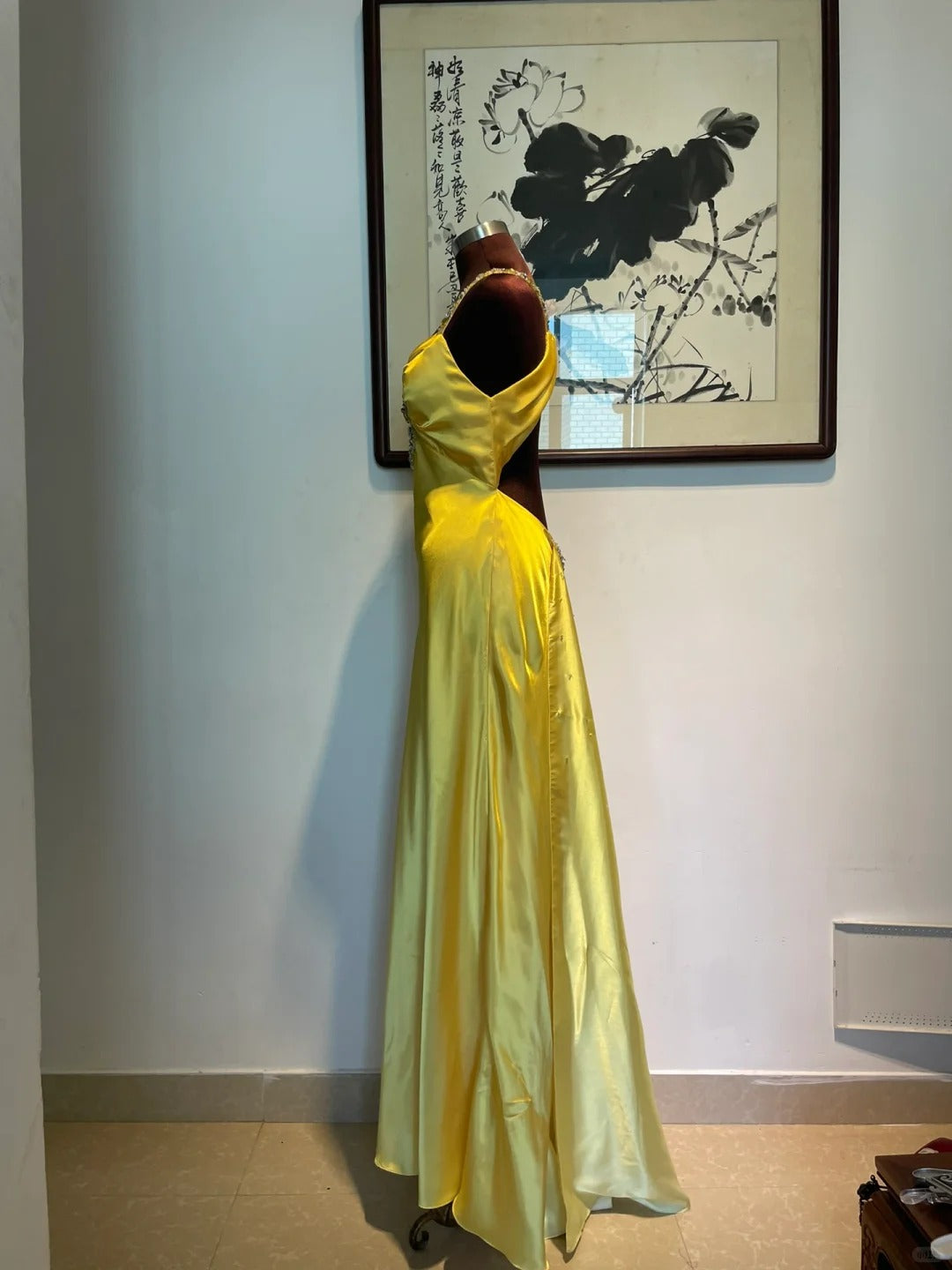 Yellow rhinestone elegant fashion long satin backless prom dress evening dress birthday party dress gh4947