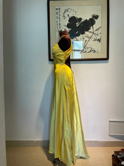 Yellow rhinestone elegant fashion long satin backless prom dress evening dress birthday party dress gh4947