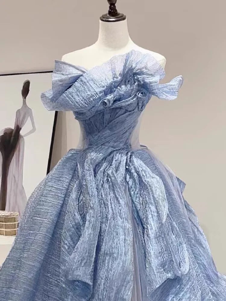 Blue Stylish Elegant Long Tulle Floor-Length Prom Dress Evening Dress Graduation Dress Adult Ceremony Dress gh3840