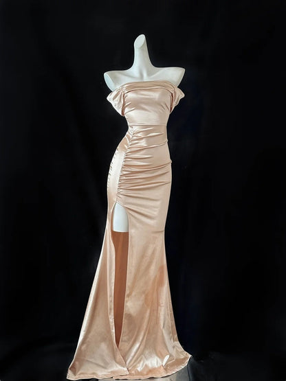 Gold Metallic/Light Champagne/White Fashion Long Satin Prom Dress Evening Dress Party Dress gh4840