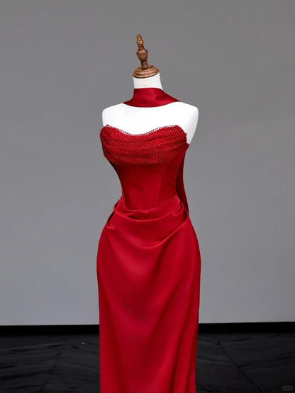 preppydressess -Red simple unique long satin prom dress evening dress party dress gh5116