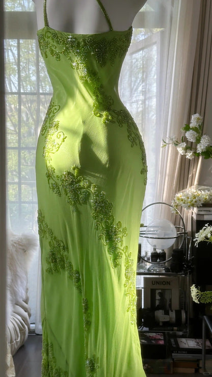 Green gorgeous fashion one shoulder elegant vintage exquisite beaded long chiffon ball gown evening dress birthday party dress prom dress gh3951