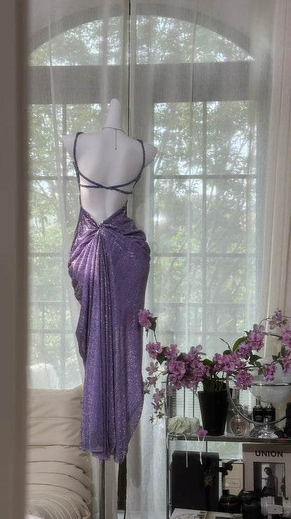 Purple Shiny Gorgeous Luxury Sequin Heavy Spaghetti Strap Long Butterfly Decoration Sequin Chiffon Ball Gown Evening Gown Party Dress gh4175