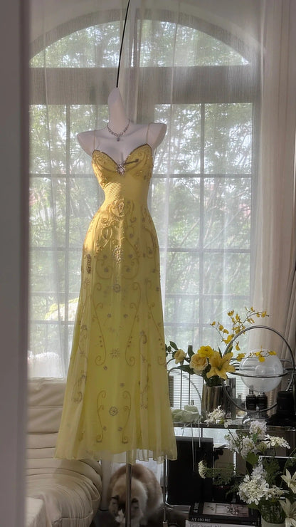 Yellow Gorgeous Exquisite Beaded Backless Spaghetti Strap Long Chiffon Ball Gown Evening Dress Birthday/Holiday Party Dress Prom Dress gh4063