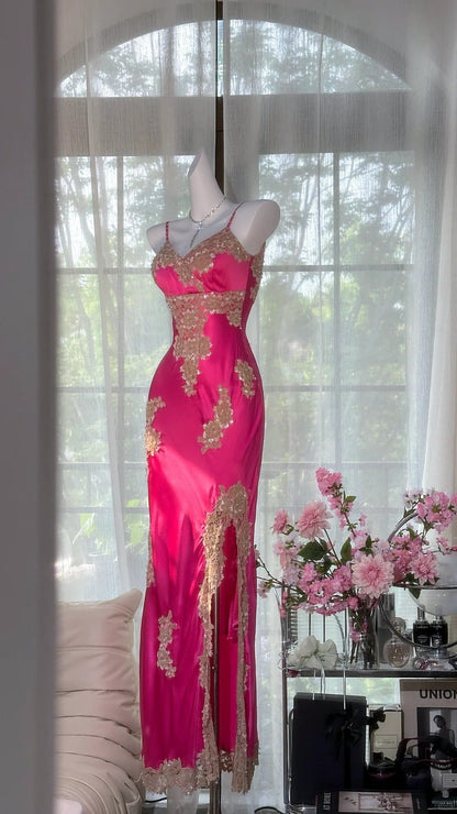 Pink floral ball gown long satin date dress evening dress birthday dress wedding dress gh4533