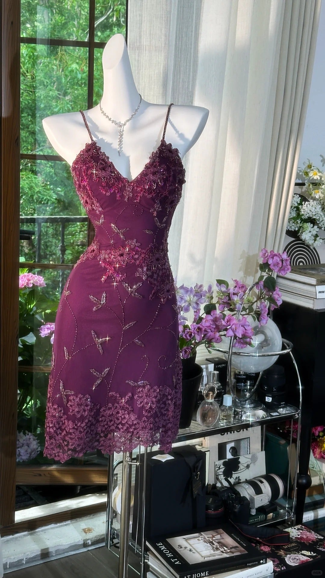 Purple Floral Gold Beaded Short Lace Chiffon Homecoming Dress Birthday Party Dress gh4621