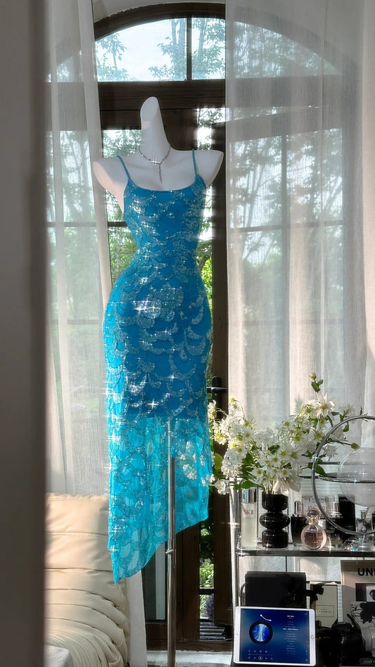 Blue Sparkling Ball Gown Long Chiffon Ball Gown Evening Gown Birthday Gown Wedding Gown gh4528
