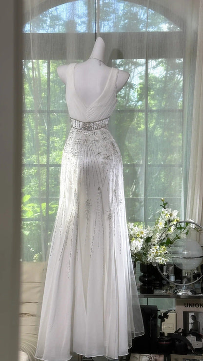 White exquisite beaded long fairy chiffon Prom Dress evening dress party dress gh5077