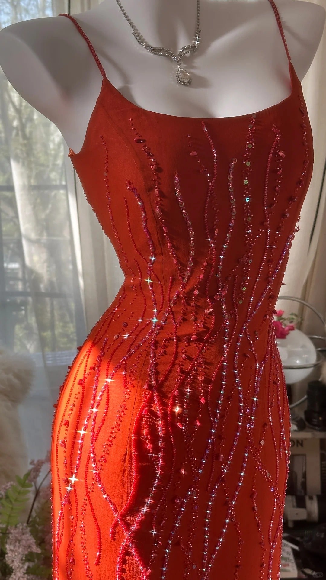 Orange Beautiful Charming Fashion Elegant Shiny Exquisite Beaded Long Chiffon Ball Gown Evening Gown Birthday Party Gown Prom Gown Graduation Gown gh3947