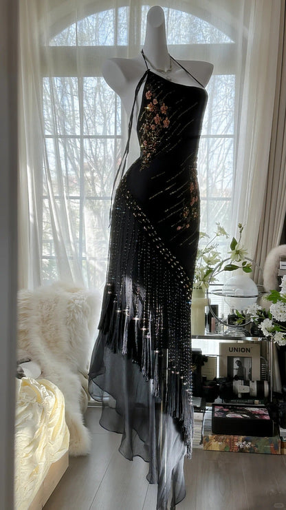 Black Vintage Fashion Delicate Floral Tassel Beaded Long Chiffon Ball Gown Birthday Party Dress Evening Gown Prom Dress gh3972