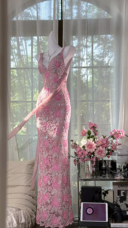 Pink floral vintage beaded lace long prom dress evening dress party dress gh4819