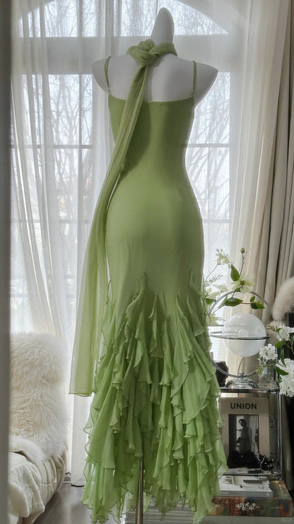 Green Stylish Elegant Spaghetti Straps Long Ruffled Mermaid Slim Fit Chiffon Ball Gown Birthday Party Dress Evening Dress Prom Dress gh3976
