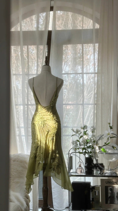 Green Romantic Fashion Elegant Delicate Floral Appliqué Beaded Spaghetti Straps Midi/Short Chiffon Ruffle Ball Gown Evening Gown Party Gown gh4060