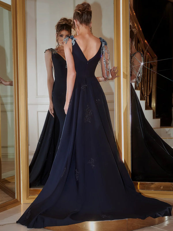 V-neck Solid Color With Diamonds Maxi Dress