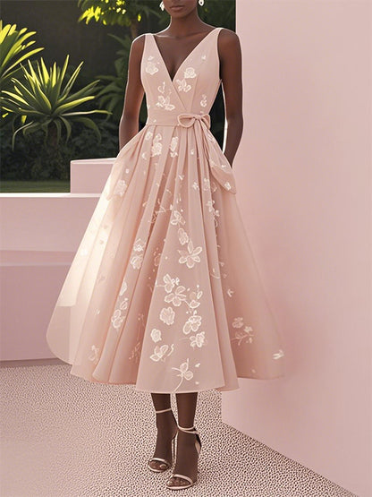 Pink V-neck Print Midi Dress