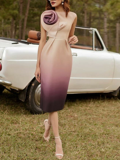 Elegant Ombre 3D Floral Midi Party Dress