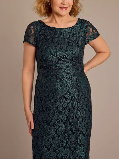 Scoop Neck Gathered Lace Sheath Dress with Slit