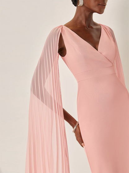 Light Pink Pleated Classic V Neck Sleeveless Sheath Midi Dress