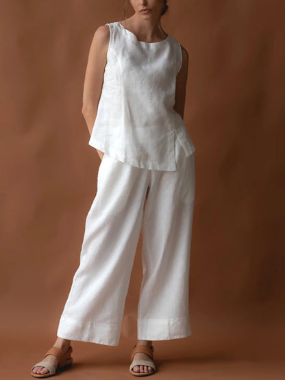 Round Neck Sleeveless Solid Color Cotton And Linen Top