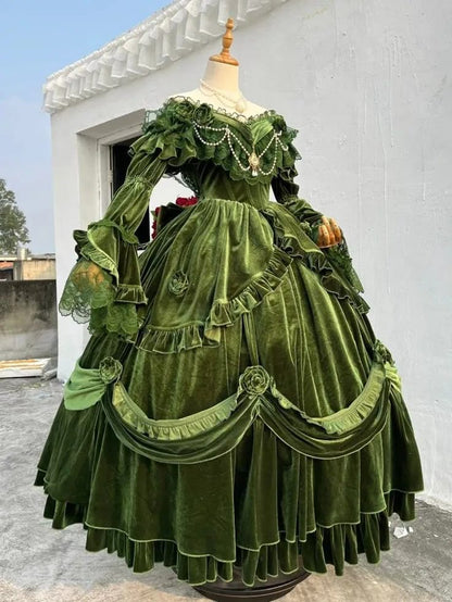 Green Exquisite Ball Gown Off the Shoulder Velvet Long Party Dress Prom Dress SH3594