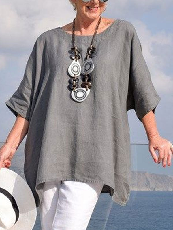 Round Neck Cotton And Linen Loose Top For Ladies
