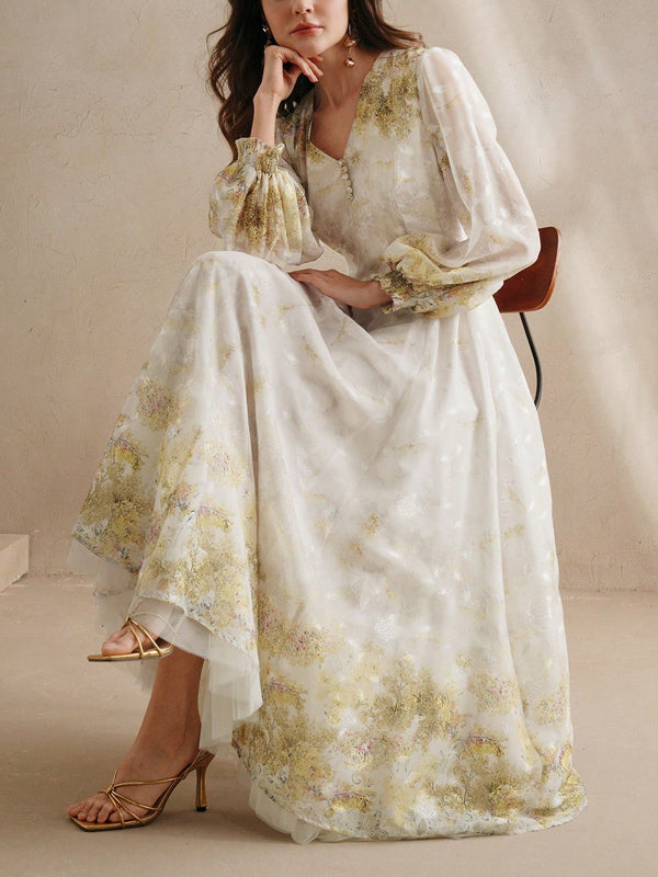 Women's V Neck Elegant Floral Print Long Sleeve Dress